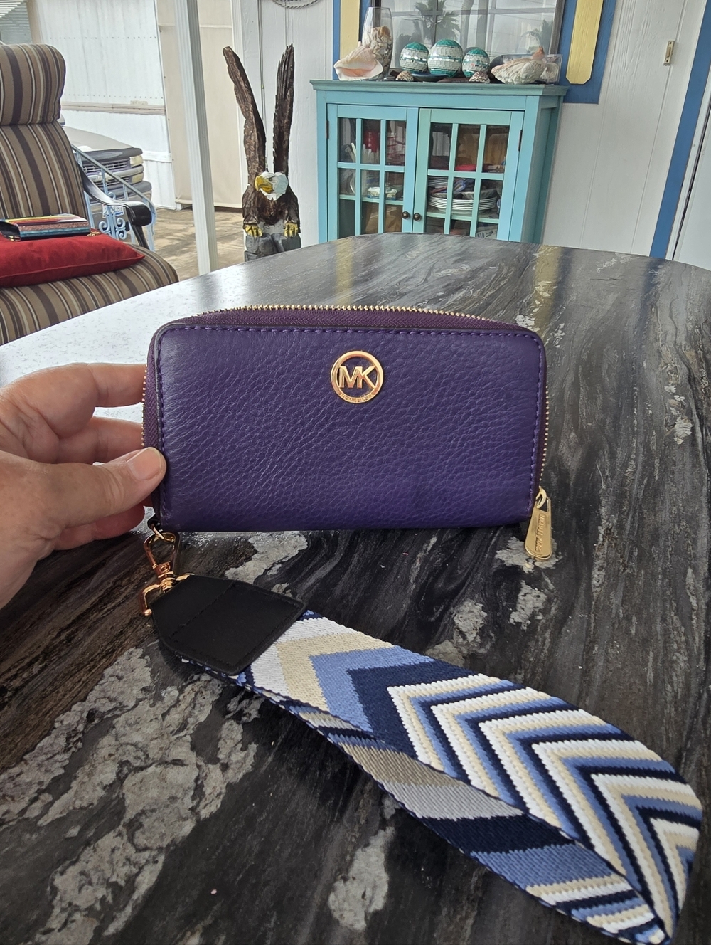 Michael Kors Purple Pebbled Leather Zip Wallet with Patterned Strap 7.25x4 EUC!